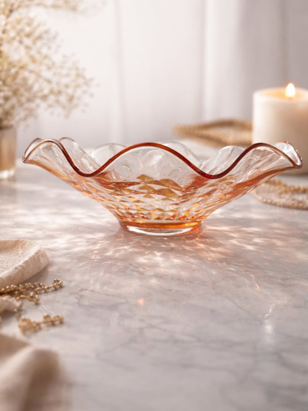 Vntg Pink Blush Pressed Glass Bowl 12” Ruffled Edge Diamond Pattern Centerpiece